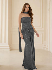 Strapless Scarf Sequin Ruched Evening Dress Mermaid Bodycon Sparkly