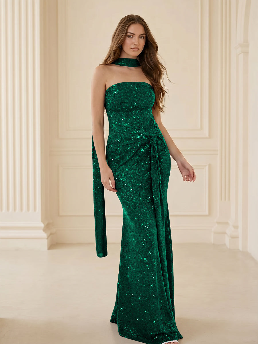 Strapless Scarf Sequin Ruched Evening Dress Mermaid Bodycon Sparkly