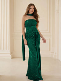 Strapless Scarf Sequin Ruched Evening Dress Mermaid Bodycon Sparkly
