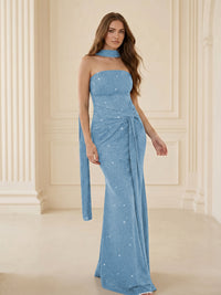 Strapless Scarf Sequin Ruched Evening Dress Mermaid Bodycon Sparkly