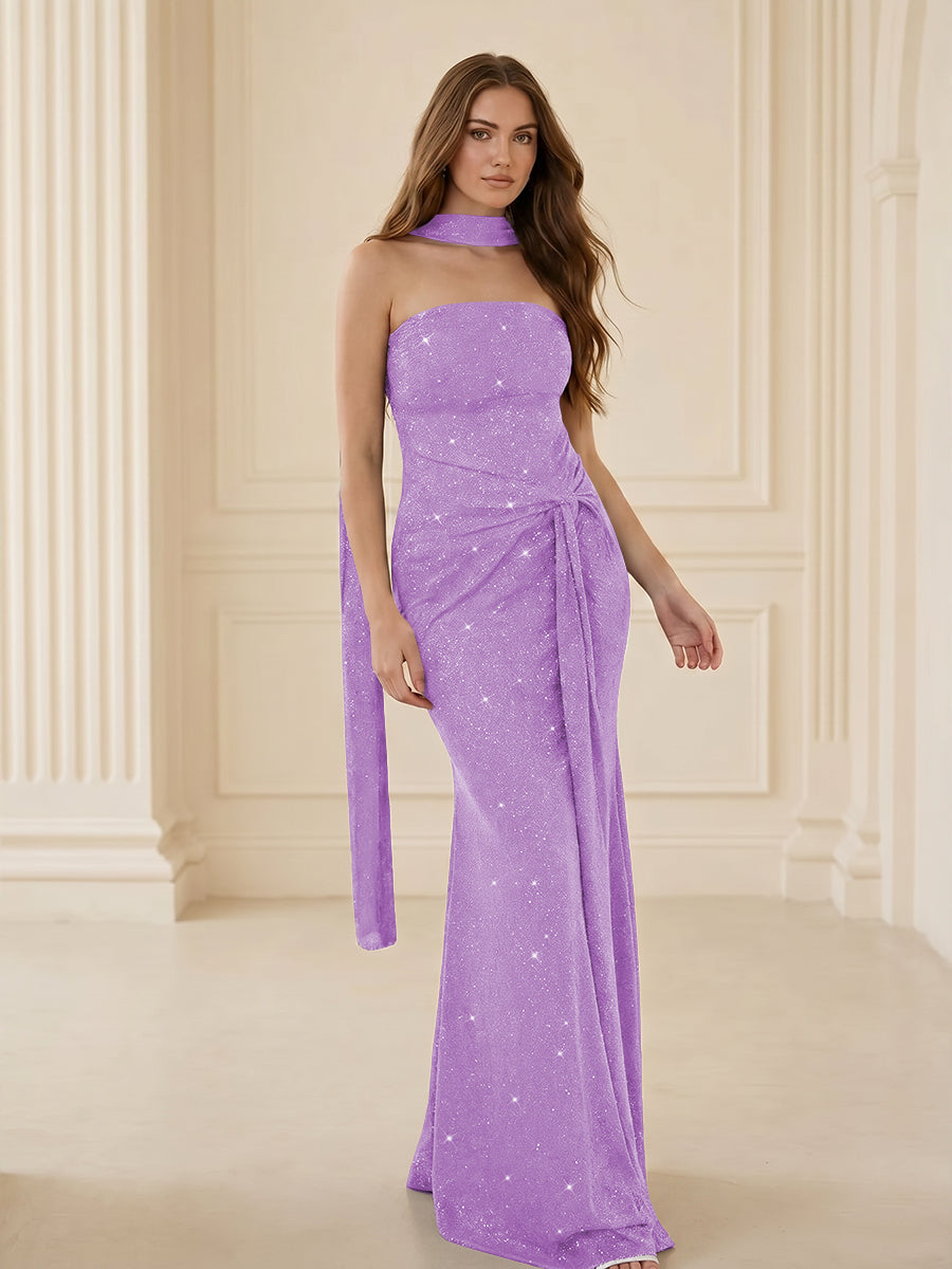 Strapless Scarf Sequin Ruched Evening Dress Mermaid Bodycon Sparkly