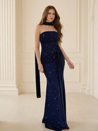 Strapless Scarf Sequin Ruched Evening Dress Mermaid Bodycon Sparkly