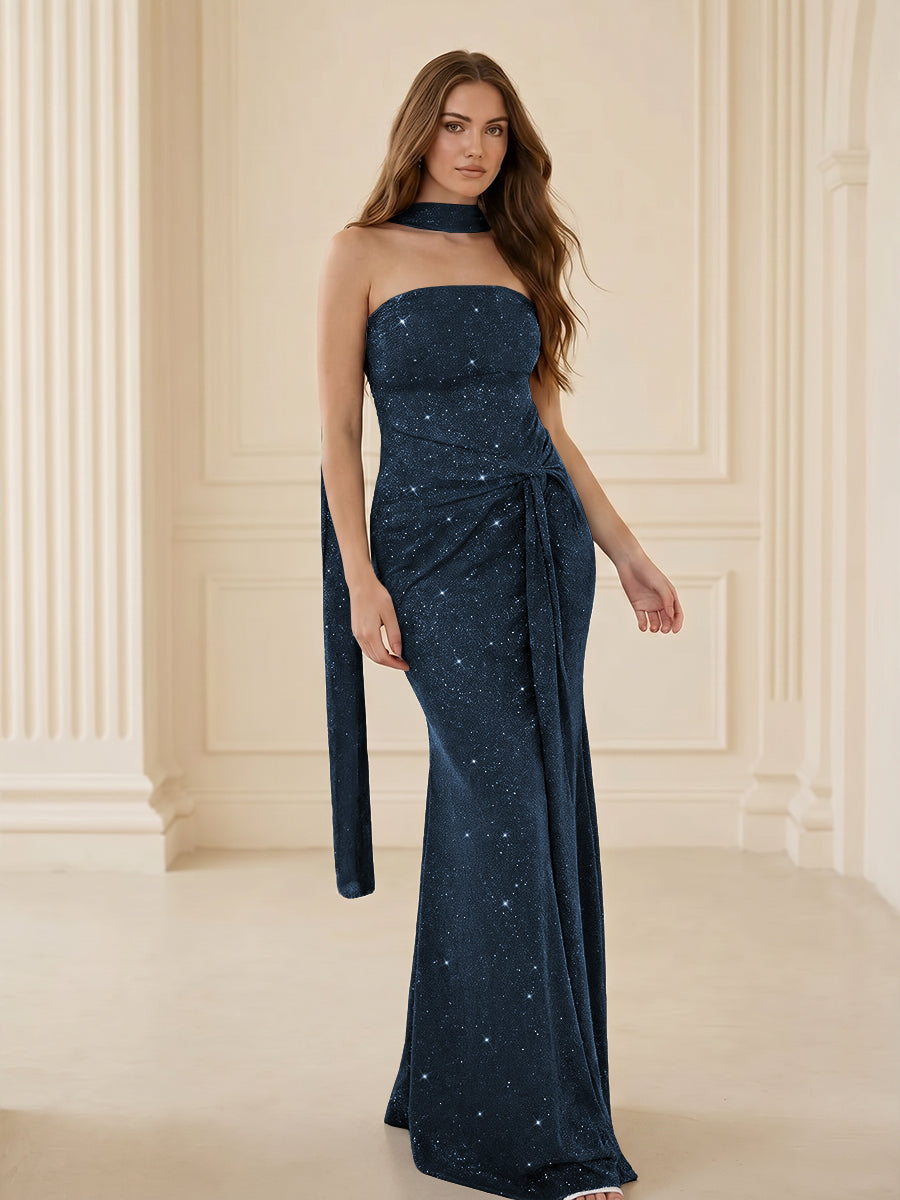 Strapless Scarf Sequin Ruched Evening Dress Mermaid Bodycon Sparkly