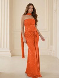 Strapless Scarf Sequin Ruched Evening Dress Mermaid Bodycon Sparkly