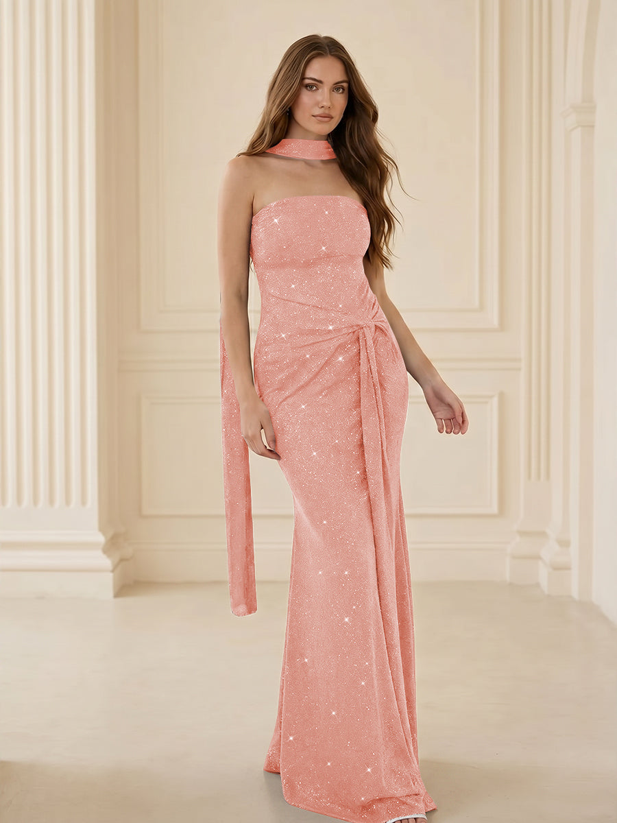 Strapless Scarf Sequin Ruched Prom Dresses Evening Mermaid Bodycon Sparkly – Shirees