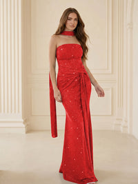 Strapless Scarf Sequin Ruched Evening Dress Mermaid Bodycon Sparkly