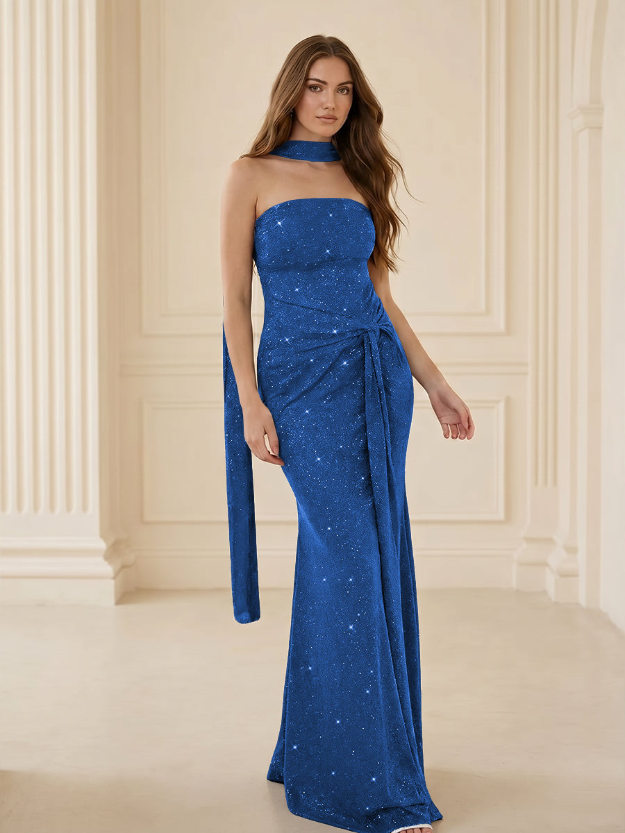 Strapless Scarf Sequin Ruched Evening Dress Mermaid Bodycon Sparkly