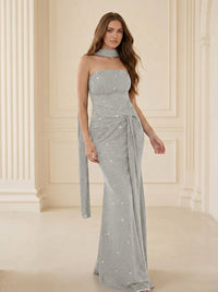 Strapless Scarf Sequin Ruched Evening Dress Mermaid Bodycon Sparkly