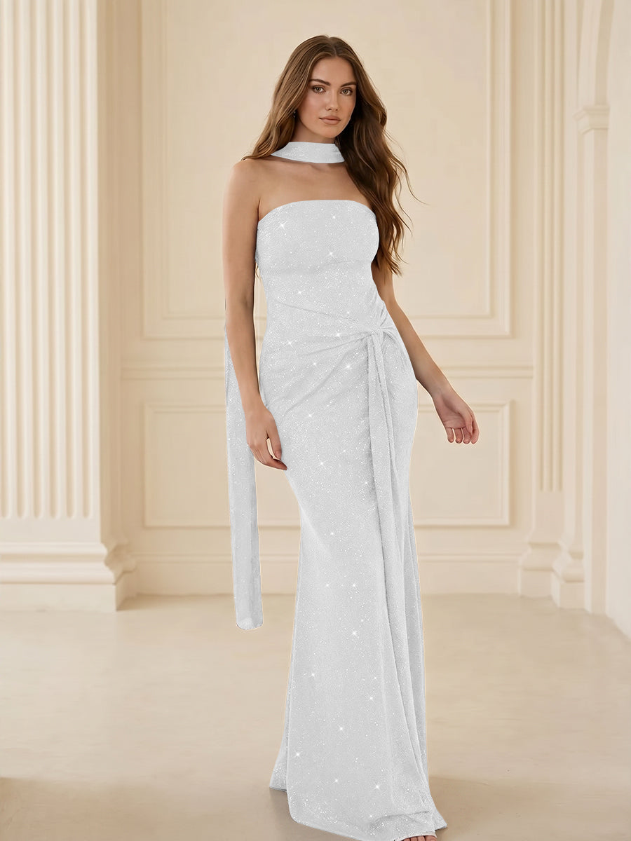 Strapless Scarf Sequin Ruched Evening Dress Mermaid Bodycon Sparkly