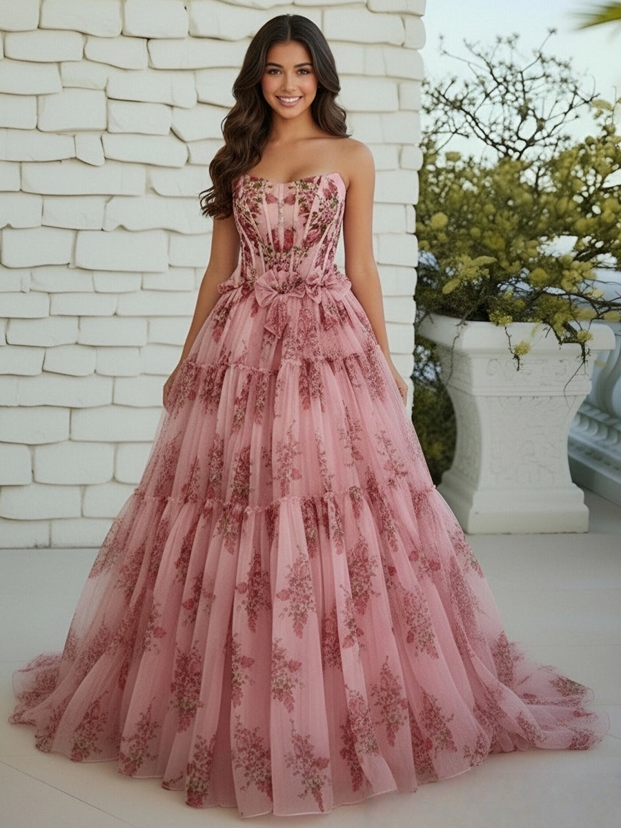 A-Line/Princess Strapless Bows Ruffles Prom Dresses with Flower Print