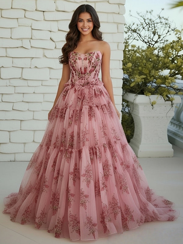 A-Line/Princess Strapless Bows Ruffles Prom Dresses with Flower Print