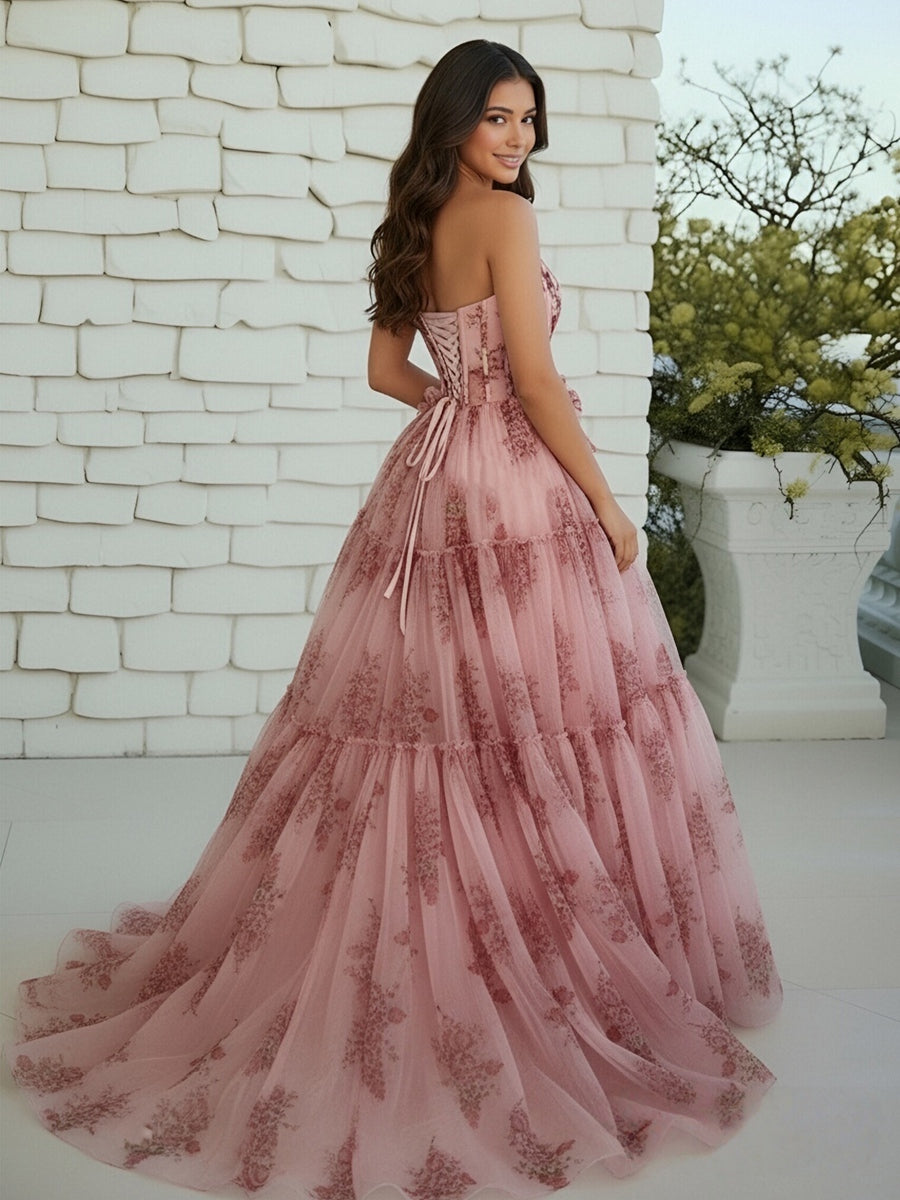 A-Line/Princess Strapless Bows Ruffles Prom Dresses with Flower Print