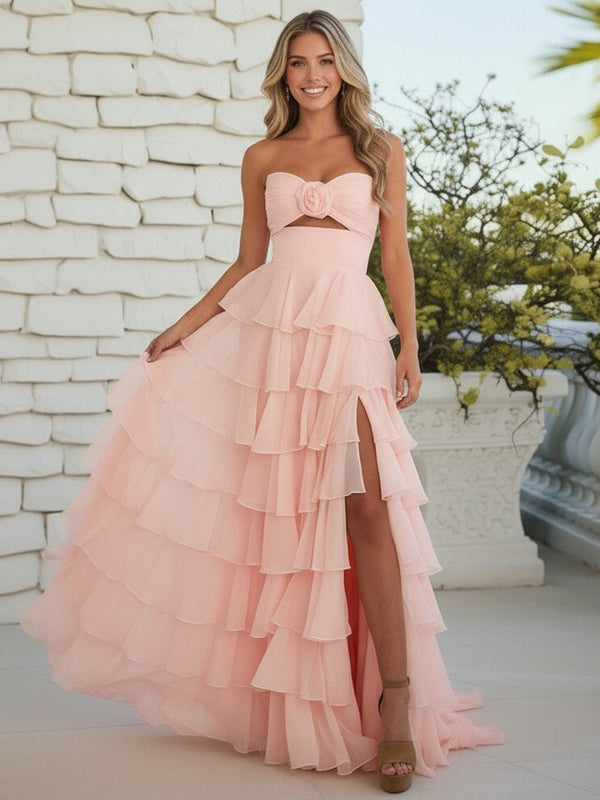 green emerald velvet dress Prom Dresses with Flower Blush Pink A-Line Princess Strapless Tiered Cut-Out Ruffles Elegant Floor-Length Wedding Guest Dresses
