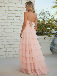A-Line/Princess Strapless Tiered Cut-out Ruffles Prom Dresses with Flower