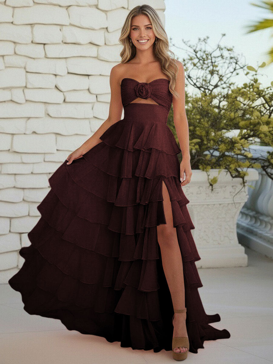 A-Line/Princess Strapless Tiered Cut-out Ruffles Prom Dresses with Flower