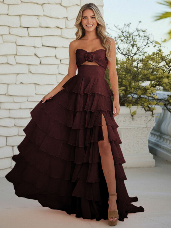 A-Line/Princess Strapless Tiered Cut-out Ruffles Prom Dresses with Flower