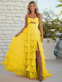 A-Line/Princess Strapless Tiered Cut-out Ruffles Prom Dresses with Flower