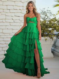 A-Line/Princess Strapless Tiered Cut-out Ruffles Prom Dresses with Flower