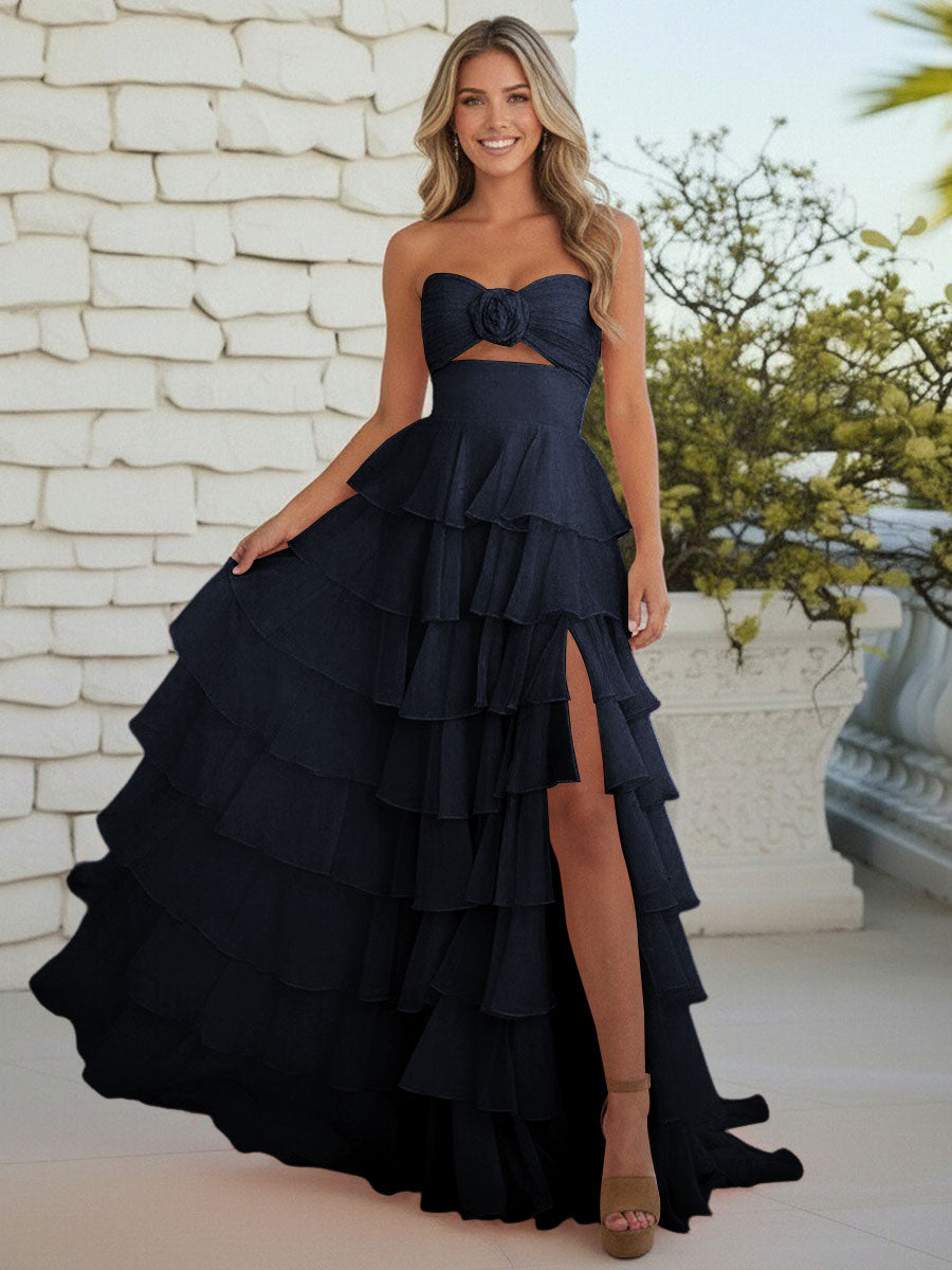 A-Line/Princess Strapless Tiered Cut-out Ruffles Prom Dresses with Flower