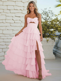 A-Line/Princess Strapless Tiered Cut-out Ruffles Prom Dresses with Flower