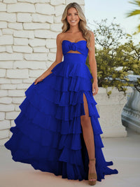 A-Line/Princess Strapless Tiered Cut-out Ruffles Prom Dresses with Flower