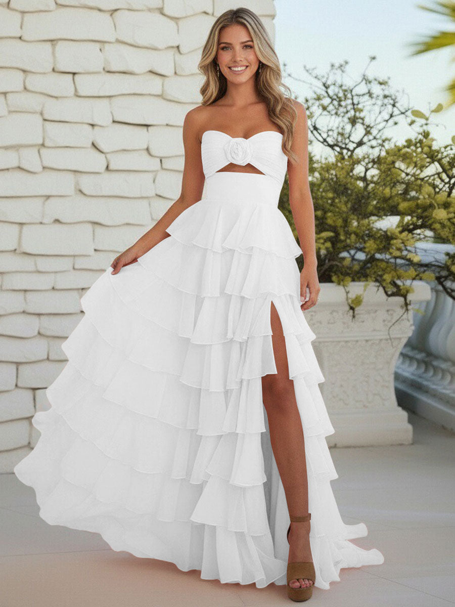 A-Line/Princess Strapless Tiered Cut-out Ruffles Prom Dresses with Flower