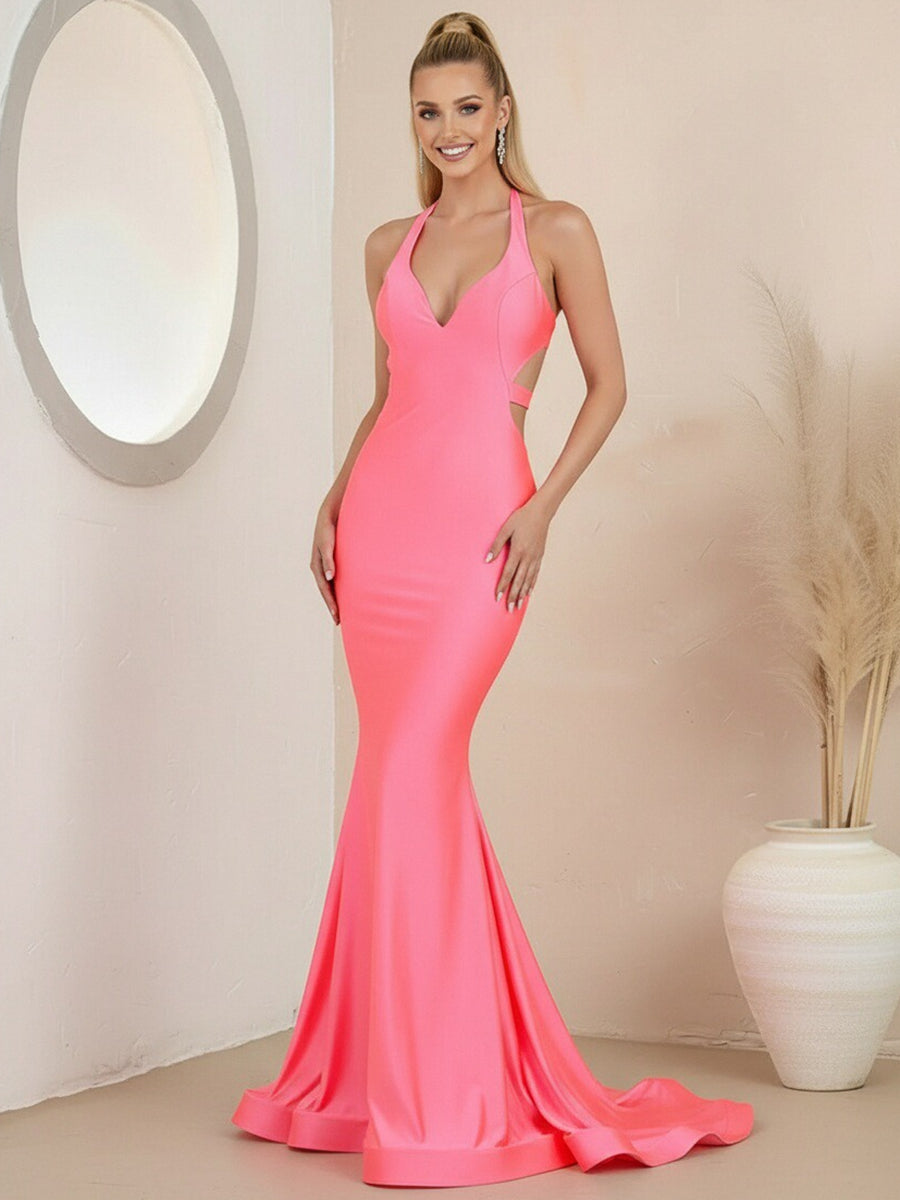 Mermaid/Trumpet Halter V-Neck Floor-Length Prom Dresses with Satin