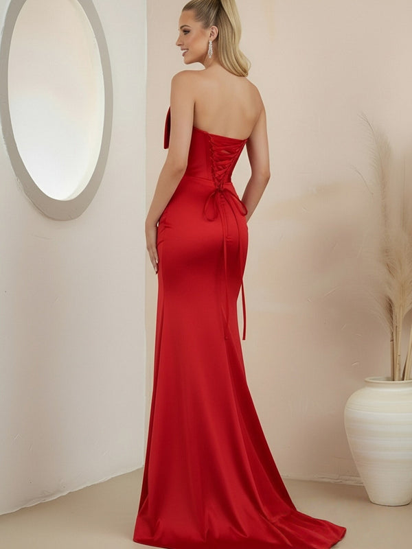 Sheath/Column Cut-out Satin Ruched Floor-Length Prom Dresses with Bow
