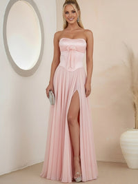 Sheath Strapless Satin Ruched Floor-Length Evening Dresses with Corset Bow