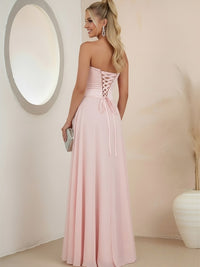 Sheath Strapless Satin Ruched Floor-Length Evening Dresses with Corset Bow