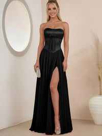 Sheath Strapless Satin Ruched Floor-Length Evening Dresses with Corset Bow