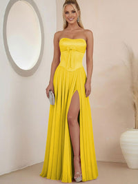 Sheath Strapless Satin Ruched Floor-Length Evening Dresses with Corset Bow