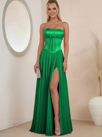 Sheath Strapless Satin Ruched Floor-Length Evening Dresses with Corset Bow