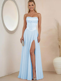 Sheath Strapless Satin Ruched Floor-Length Evening Dresses with Corset Bow