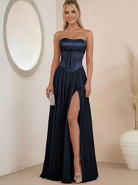 Sheath Strapless Satin Ruched Floor-Length Evening Dresses with Corset Bow