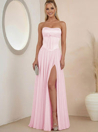 Sheath Strapless Satin Ruched Floor-Length Evening Dresses with Corset Bow