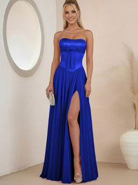 Sheath Strapless Satin Ruched Floor-Length Evening Dresses with Corset Bow