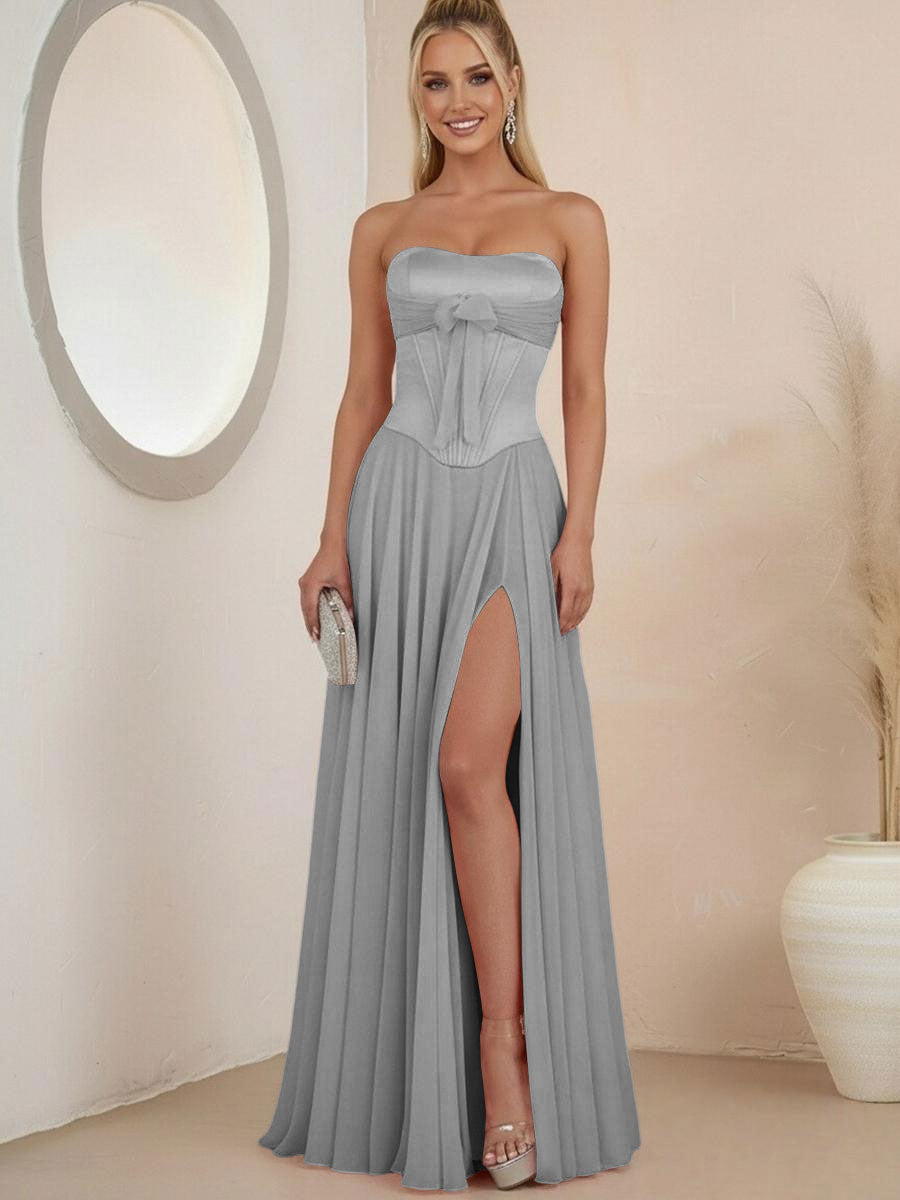 Sheath Strapless Satin Ruched Floor-Length Evening Dresses with Corset Bow