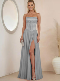Sheath Strapless Satin Ruched Floor-Length Evening Dresses with Corset Bow