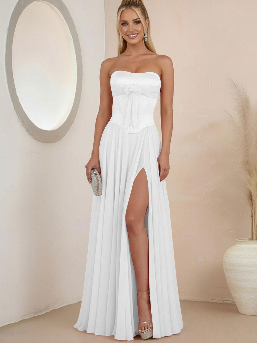 Sheath Strapless Satin Ruched Floor-Length Evening Dresses with Corset Bow