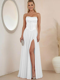 Sheath Strapless Satin Ruched Floor-Length Evening Dresses with Corset Bow