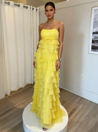 Sheath/Column Strapless Tiered Floor-Length Prom Dresses with Corset Bow