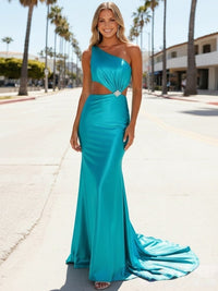 Mermaid/Trumpet One Shoulder Satin Cut-Out Floor-Length Prom Dresses with Appliques