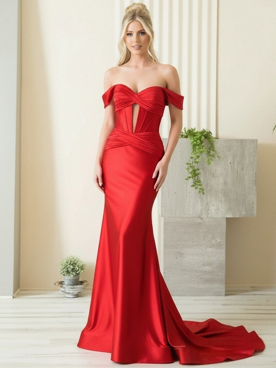 Mermaid/Trumpet Off Shoulder Sweetheart Satin Cut-Out Floor-Length Prom Dresses
