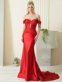 Mermaid/Trumpet Off Shoulder Sweetheart Satin Cut-Out Floor-Length Prom Dresses