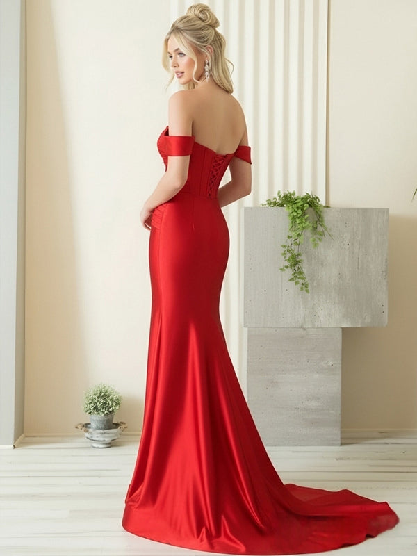 Mermaid/Trumpet Off Shoulder Sweetheart Satin Cut-Out Floor-Length Prom Dresses