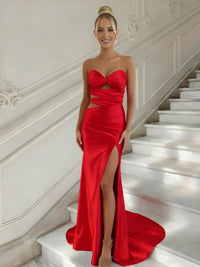 Sheath/Column Sweetheart Satin Cut-Out Floor-Length Prom Dresses with Slit