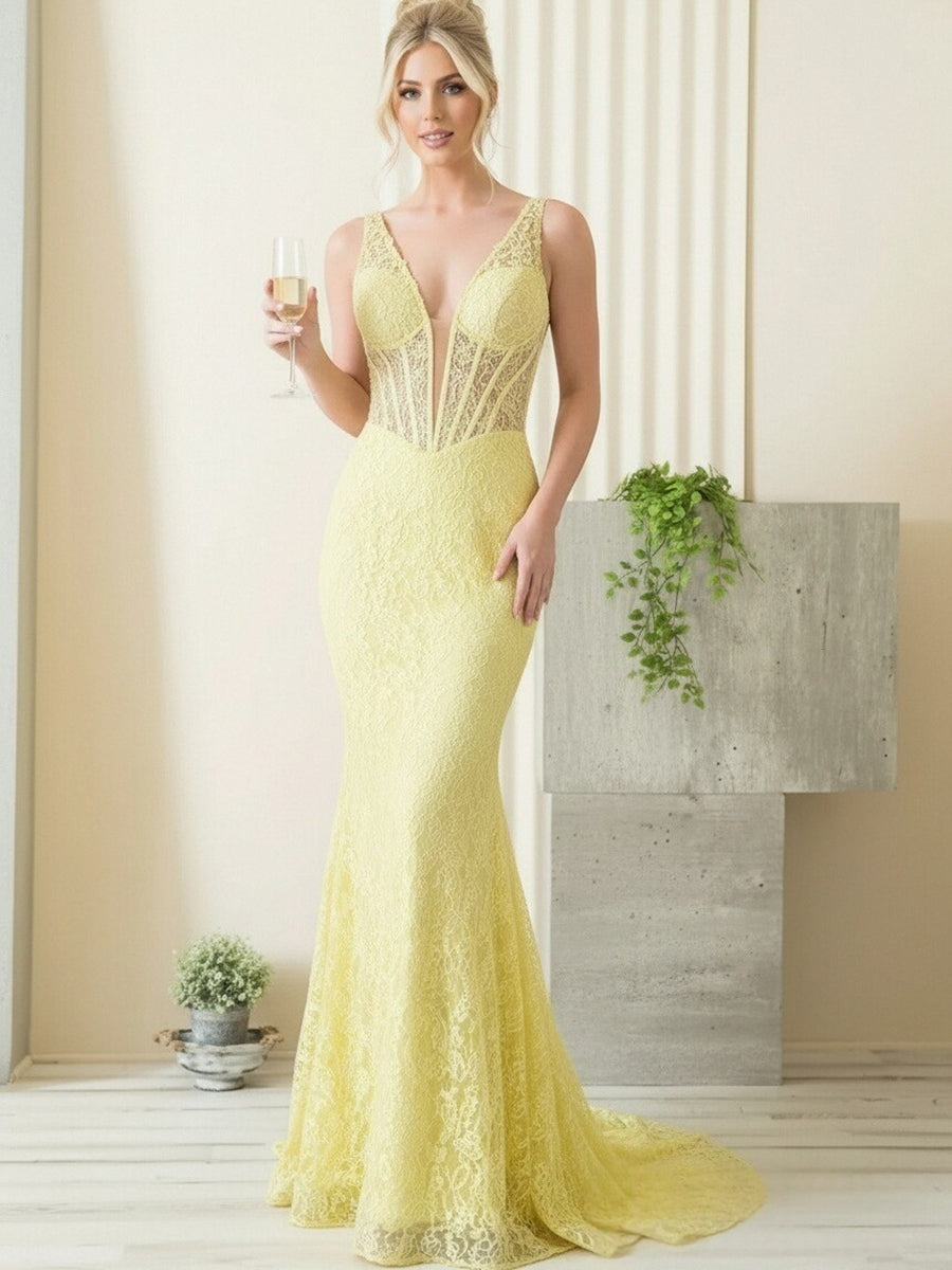 Mermaid/Trumpet V-Neck Tulle Illusion Floor-Length Prom Dresses with Lace