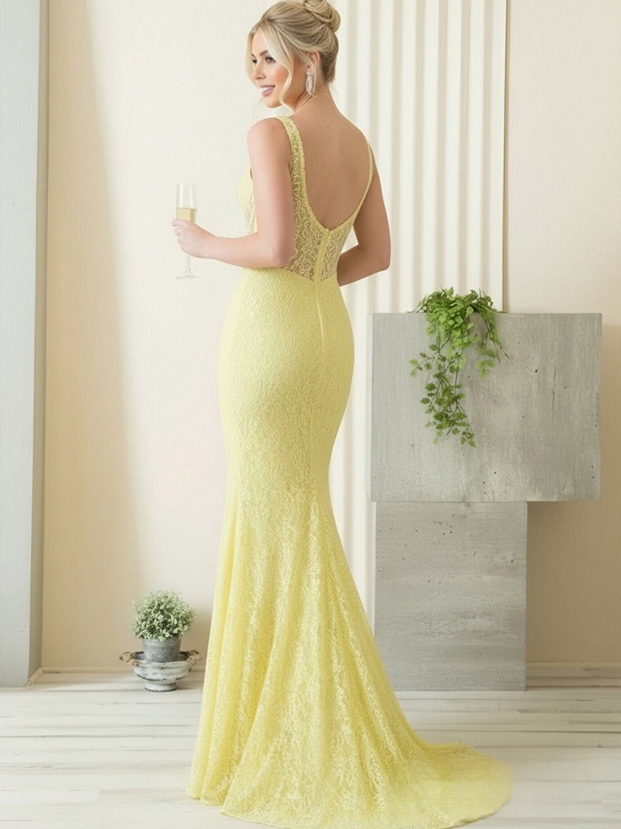 Mermaid/Trumpet V-Neck Tulle Illusion Floor-Length Prom Dresses with Lace