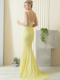 Mermaid/Trumpet V-Neck Tulle Illusion Floor-Length Prom Dresses with Lace